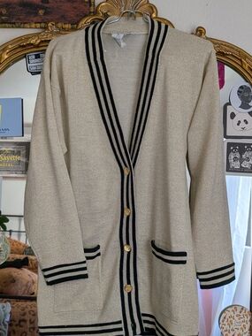 Vintage Metallic Cream And Gold Longline Cardigan Sweater with Black Trim - Smal